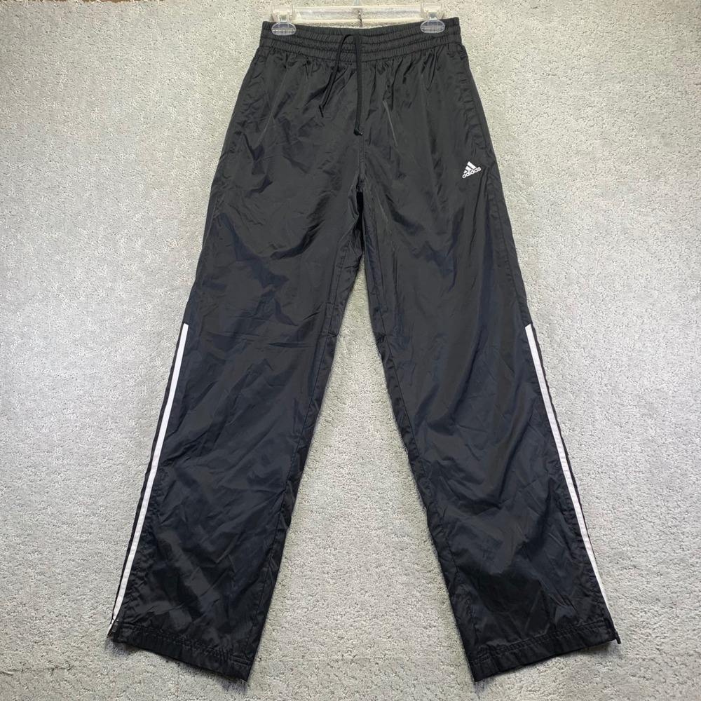 Adidas Track Pants Mens Small Black Nylon Ankle Zip Stripes Drawstring Y2k